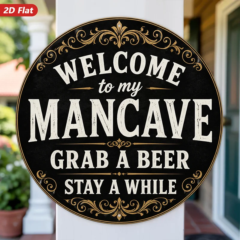 2D Flat, 1pc Mancave Welcome Round Metal Sign Wall Art, Perfect for Living Room Entryway, Welcome to My Mancave, Grab A Beer Sta