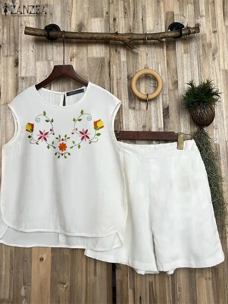 Summer Trackuits 2PCS Women Shorts Suit O Neck Sleeveless Tops Elastic Waist Pant Sets 2024 ZANZEA Casual Floral Matching Sets image 2