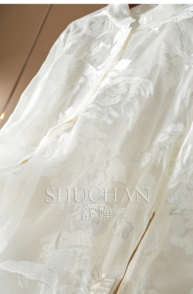 Light and Slightly Transparent Silk Organza Embroidered Sunshade Shirt Women Summer 2025 See Though