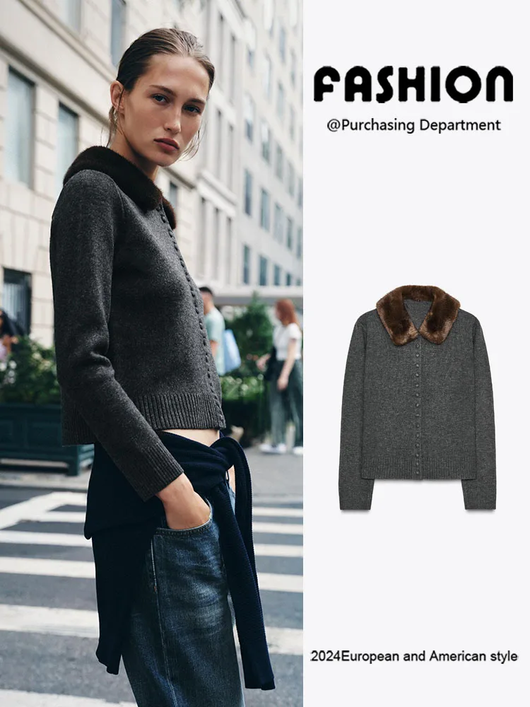 Nova chegada outono feminino longo sve malha gola de pele do falso jaet ort sle europeu faion senhoras casaco za2025