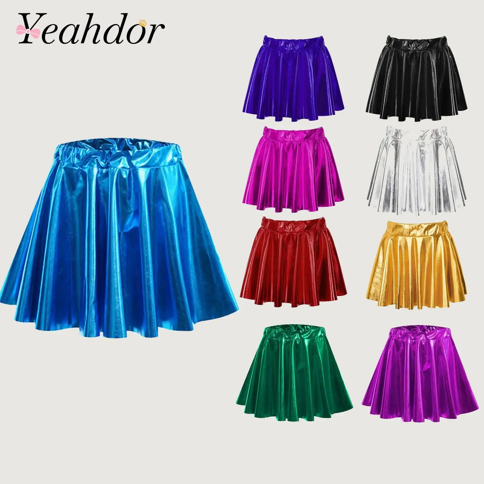 Children's Shiny Pleated Skirt Metallic Stage Performance Ski Dance Skirt 2-16Y Girl Hip Hop Street Jazz Dance Costume Dancewear