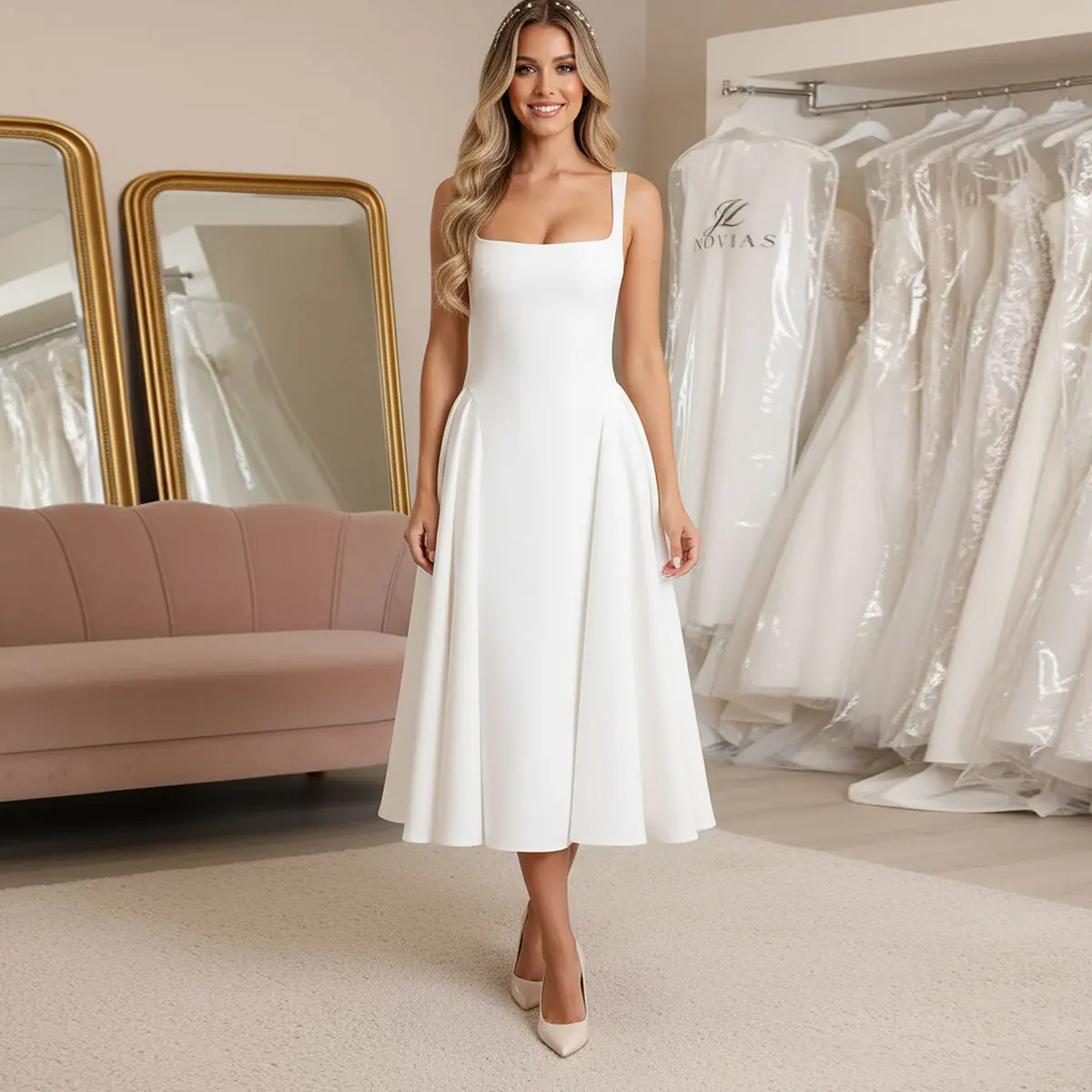 エレガントなミディ丈サテンウェディングドレス 花嫁用 プリーツスクエアカラー ブライダルパーティガウン 女性用 Aラインボールガウン