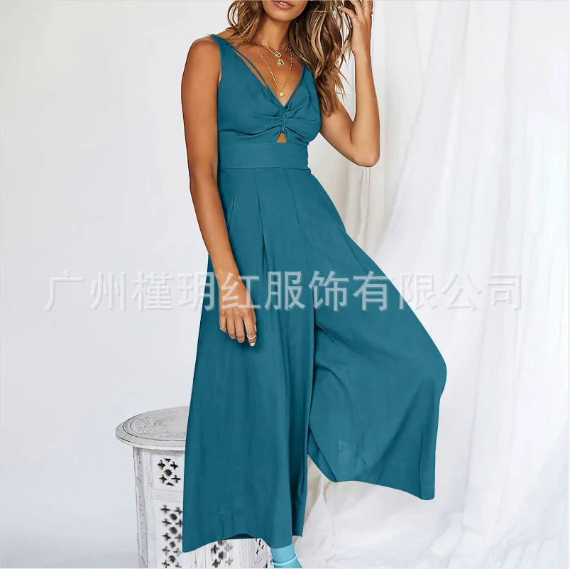 One Piece Women Solid Jumpsuits Sleeveless V Neck Hollow Out Rompers Wide Leg Long Pants Overalls Loose Casual Regular 2024