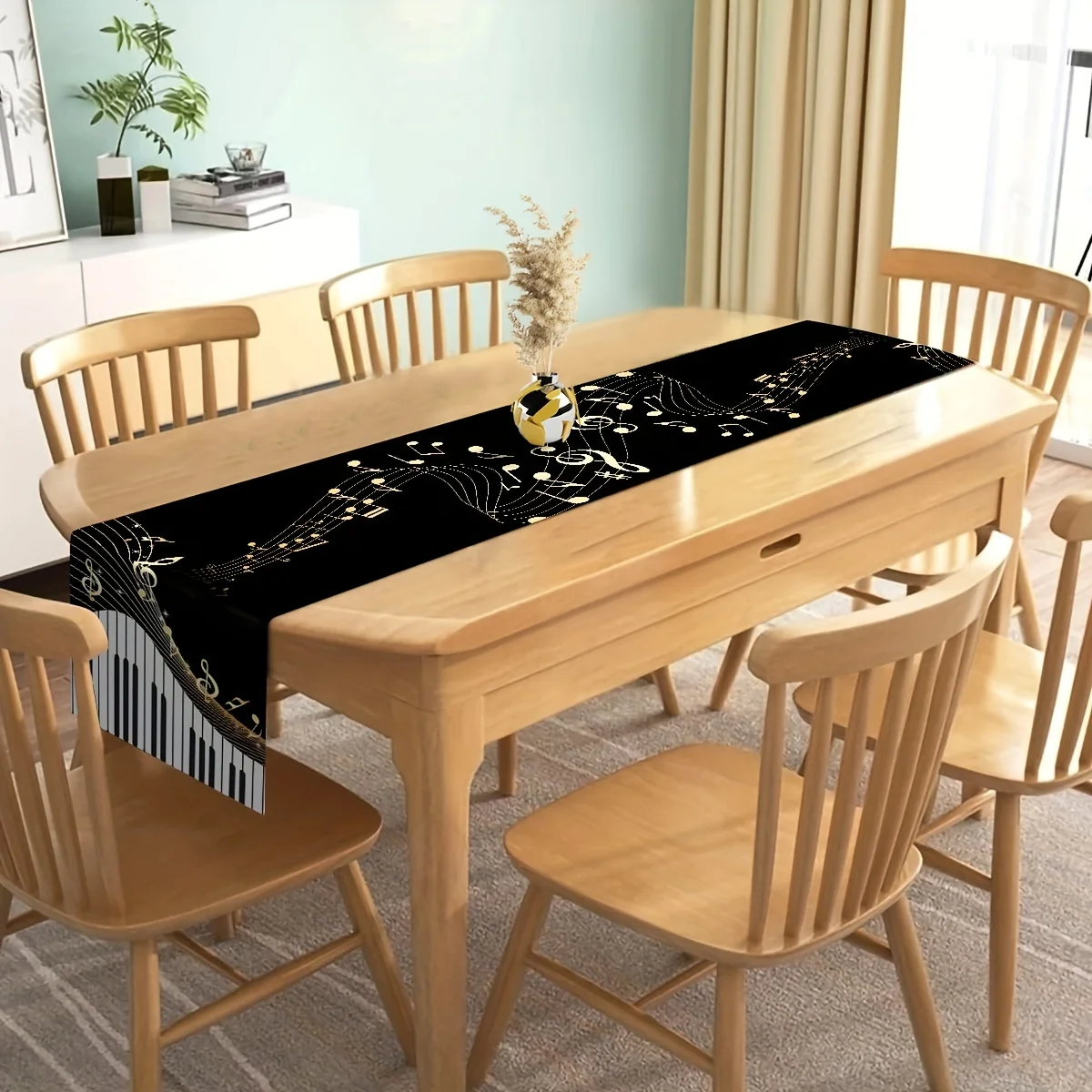 Piano Keyboard Music Notes Pattern Linen Table Runner Elegant Dresser Scarf for Washable Kitchen School Holiday Party Home Decor