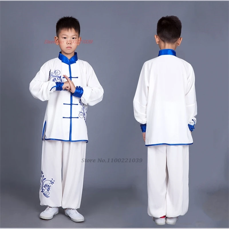 

2024 chinese children tai chi wushu martial arts suit kung fu uniform wing chun shaolin flower embroidery vintage kungfu set