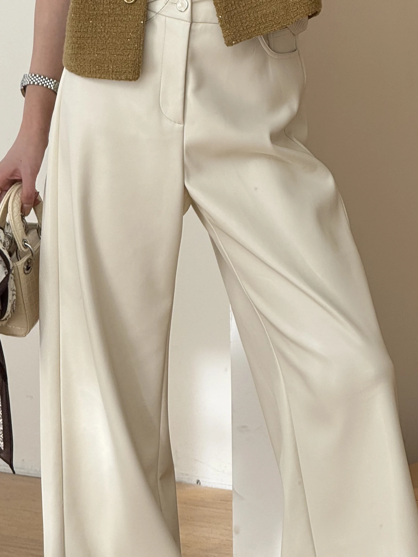 

Брюки Linziqiu из искусственной кожи с высокой талией и широкими штанинами, белые, осенние, новые, повседневные, для молодых женщин, с эффектом похудения