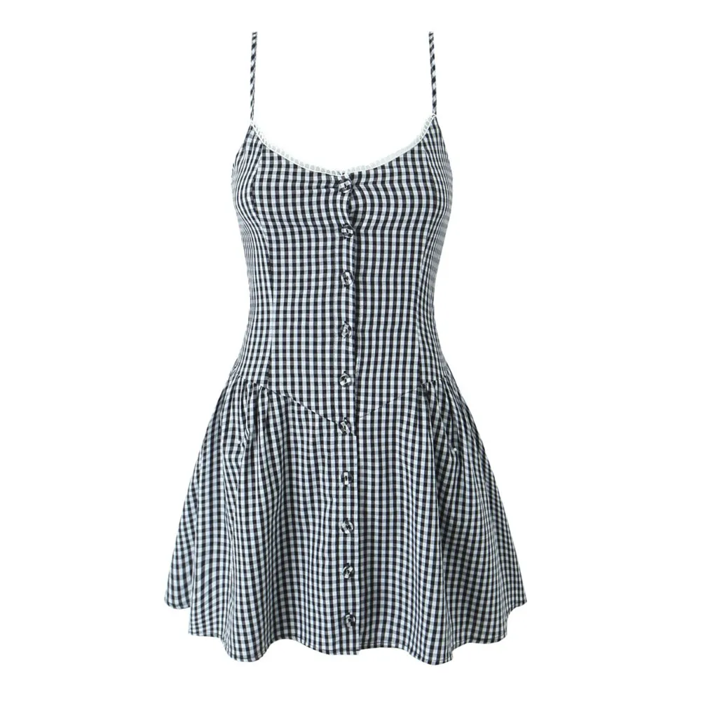 2025 Sexy Gingham Plaid Spliced Lace O neck Mini Sling Dress Women Open Through Buttons Low Waist Swing A line one-piece Dresses