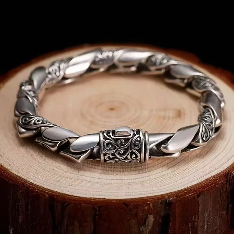 

Vintage Relief Lines Bracelet For Men Jewelry Ethnic Style Wide Chain Bracelet Male Hand Accessories