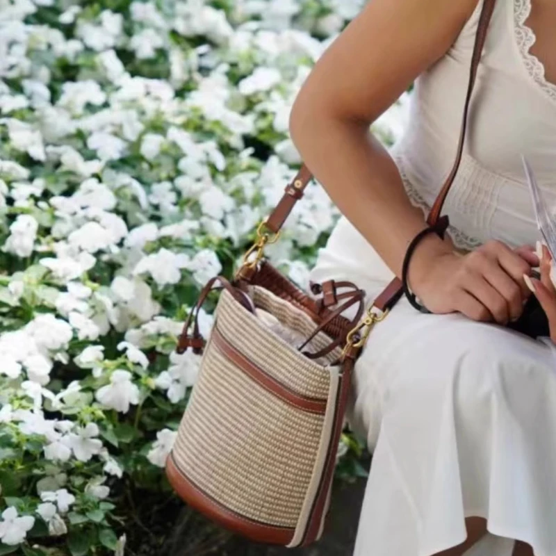 

Designer Panelled Shoulder Crossbody Bags Fashion Straw Bucket Bag Weave Women Handbags Casual Summer Beach Small Tote Purses