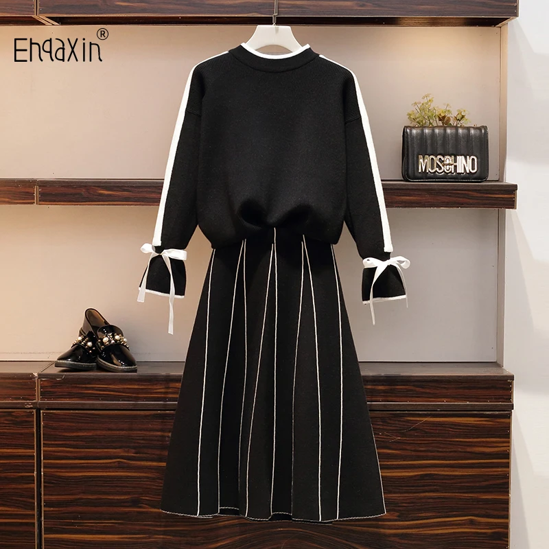 EHQAXIN Autumn Winter Womens Dress Set Fashion Loose Korean Bowknot Tie Long Sleeve Sweater+Stripe A-Line Knit Skirt Set L-4XL