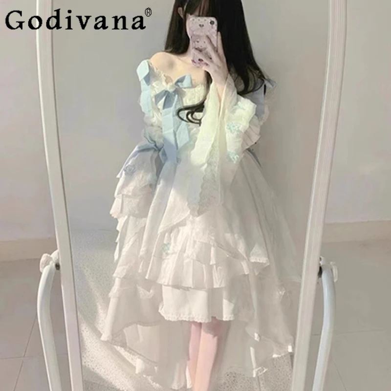 

Summer Sweet Gown Runaway Princess Dress Female White Lolita Bowknot Stunning Dress Women's Birthday Party Sweet Dress