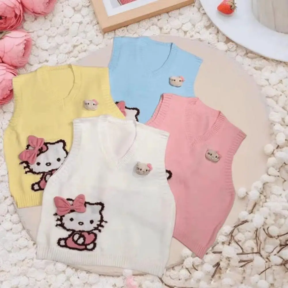 Kawaii Hello Kitty V คอถักเสื้อกั๊ก Sanrio อะนิเมะเกาหลีรุ่น Preppy ฤดูใบไม้ร่วงฤดูใบไม้ผลิสาวเสื้อกันหนาวนักเรียนแนวโน้มหวานหลวม