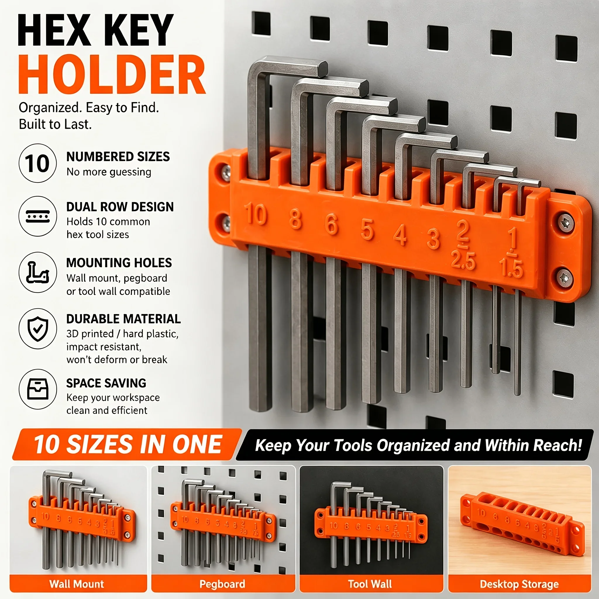 10 Sizes Numbered Hex Socket Organizer Punch Free Wall Mount Tool Storage Rack For Pegboard Workshop Garage 3D Printed