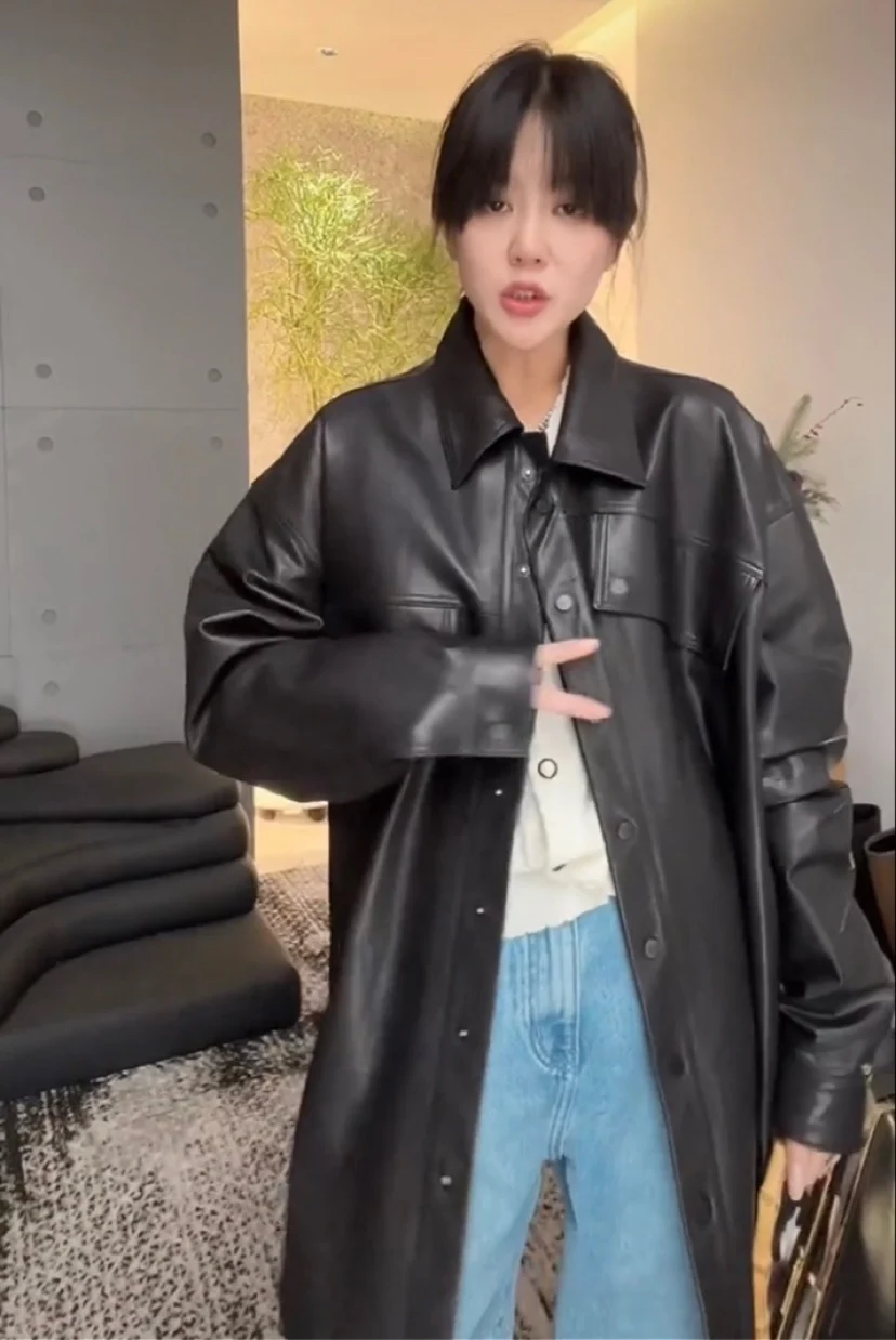 Primavera nuevo abrigo Bla eepskin Hepburn Sle suelto largo Sve Puffy Sve prendas de vestir exteriores de moda chaqueta de cuero Faion para mujer