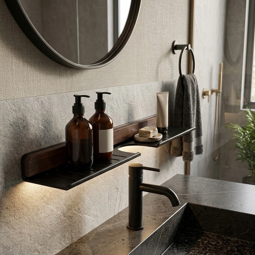 Sink Side Shelf with Raised Edges 40cm Long Rust Resistant Walnut Wood and Carbon Steel Suction Mount Bathroom Organizer