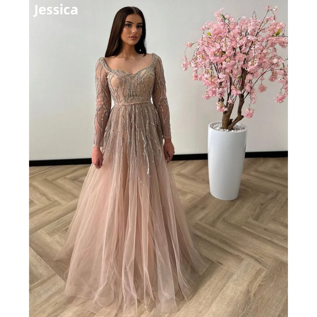 Jessica champanhe vestido de casamento lantejoulas mangas compridas árabe senhoras vestidos de baile tule elegante sob medida vestidos de ocasião personalizados