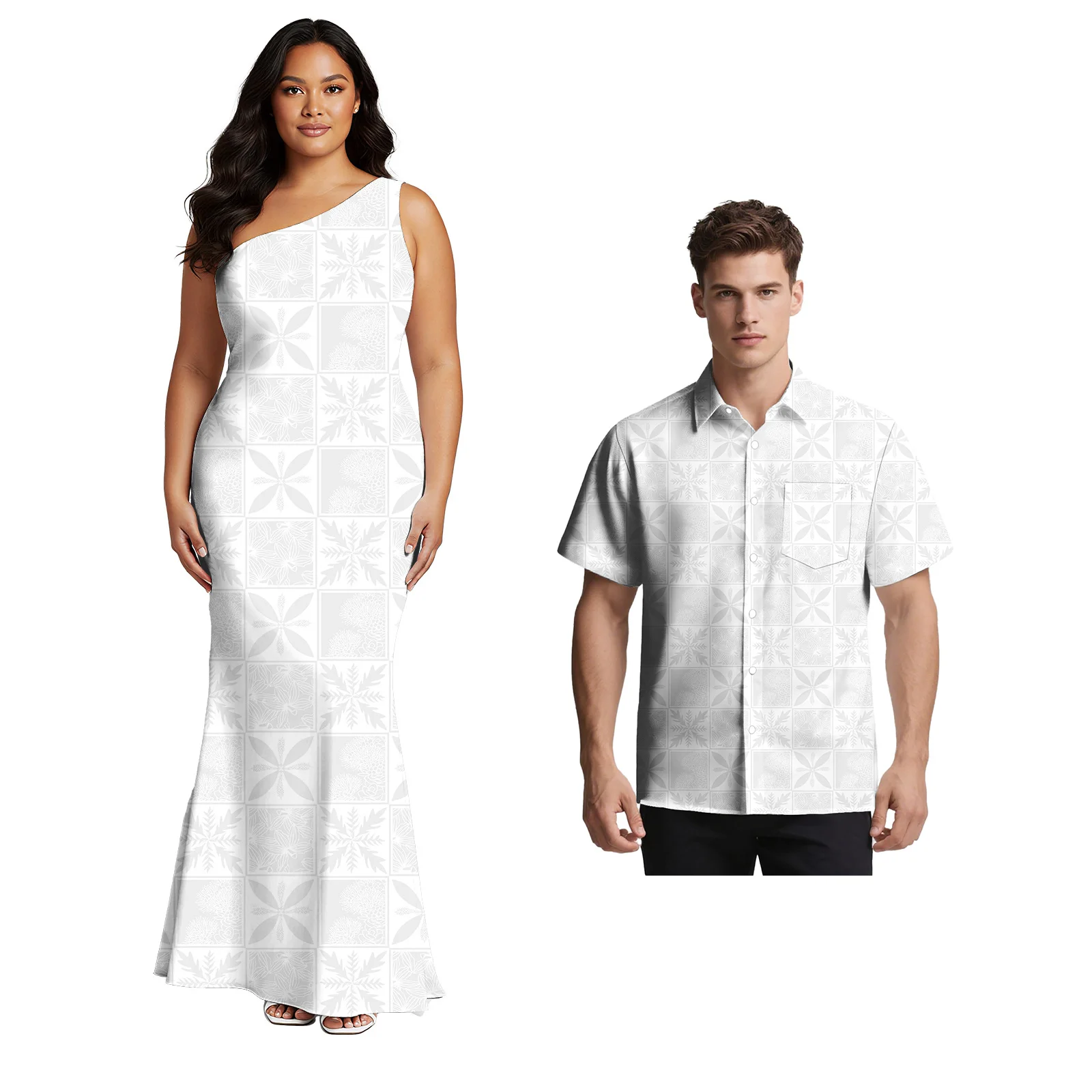 

Mother's Day Floral Print Couple Set Aloha Shirts for Men Samoan Polynesian Bodycon Cold Shoulder Lady Dress Latest Couple Suit