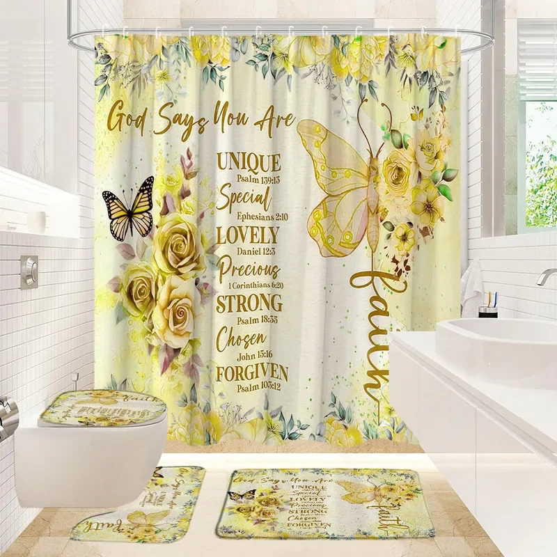 4Pcs Butterfly Shower Curtain Floral Plants Hummingbird Inspirational Quotes Glitter Bathroom Decor Set Curtain Rug Toilet Cover