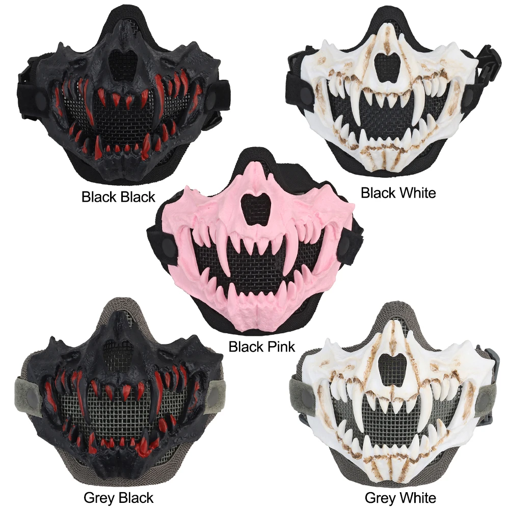 Fangs Cosplay Airsoft Mask Half Face Protective Mask Adjustable Strap Breathable Halloween Horror Party Decoration