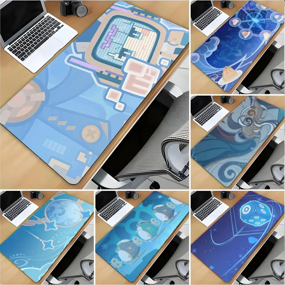 Ineffa Wallpaper G-Genshin Impact Blue Mouse Pad Large Mouse Pad Desk Mat Non‑Slip Gaming Board Game Mat with Stitched Edges