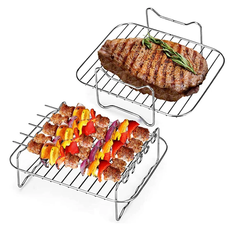 

2PCS Air Fryer Rack, Air Fryer Double Layer Rack, Multi-Purpose Air Fryer Spare Parts Grilling Rack With 5 Skewers