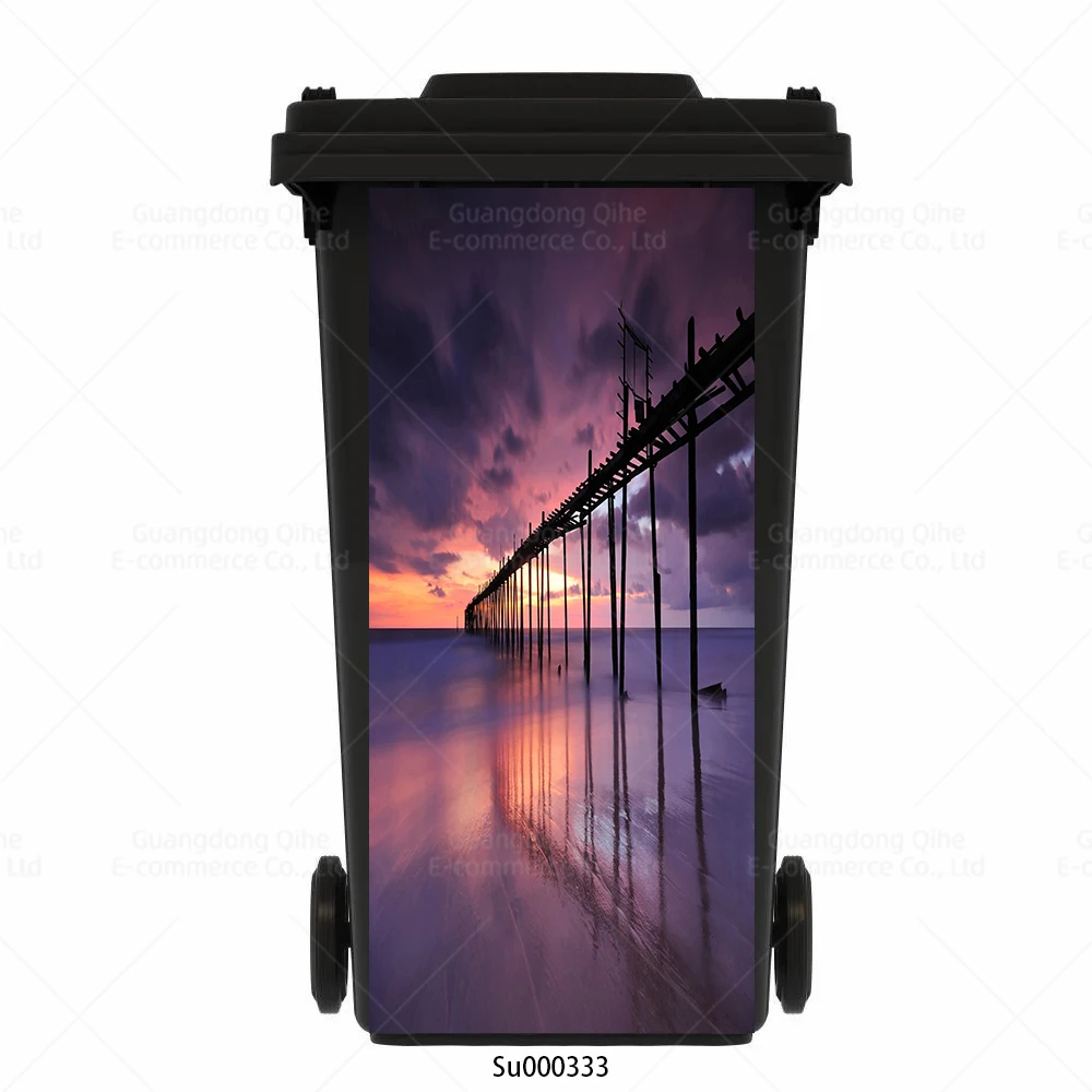 Wheelie Bin Stickers Wooden Pier & Tropical Water Villa Design - Waterproof Decorative Trash Can Decals for Outdoor Garden Patio