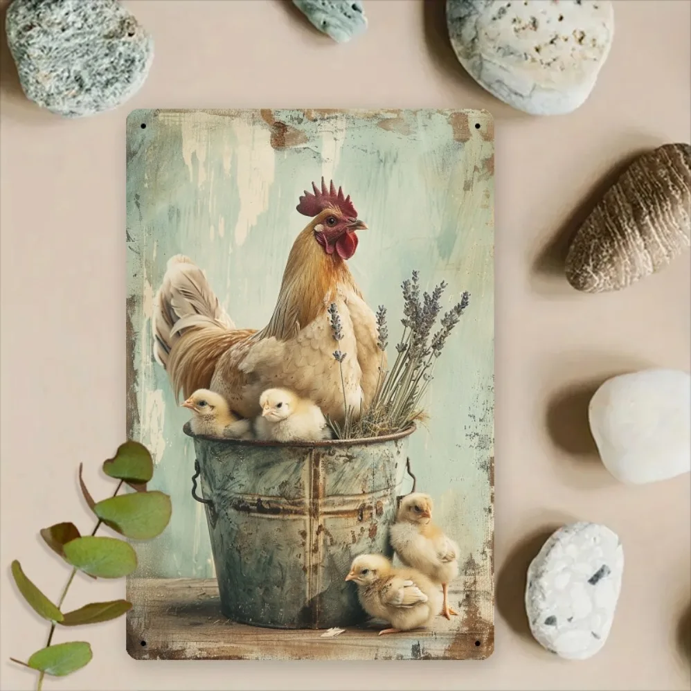 Rustikales Bauernhaus-2D-Metallblechschild: Design mit skurrilem Huhn und Küken – Vintage-gedruckte Eisenkunst für Ranch, Hausgarten