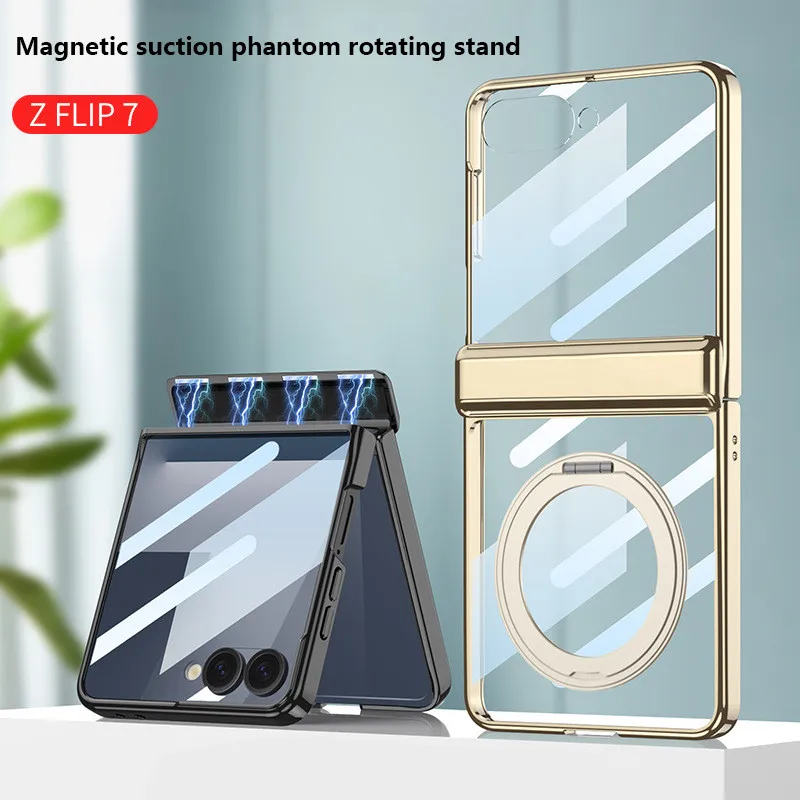 

With Glass Film For Samsung Galaxy Z Flip 7 ZFlip7 Flip 7 5G Magnetic Rotating Stand Foldable Clear Shockproof Cover
