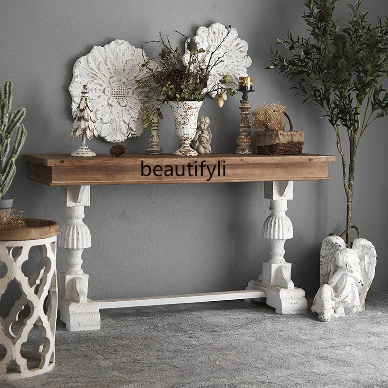 

Retro American-Style Solid Wood Console a Long Narrow Table Long Narrow Wall Table Distressed Flower Rack Storage Rack