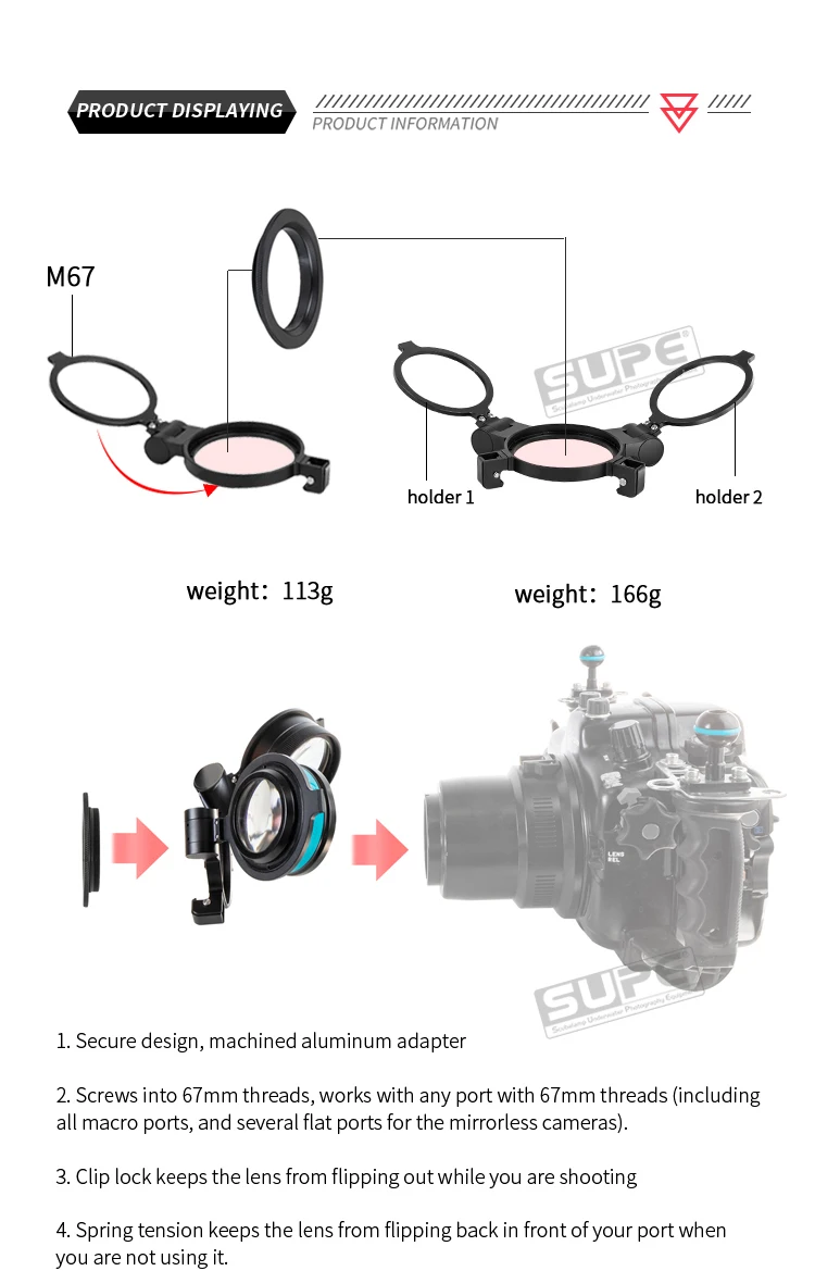 Supe Scubalamp Lens Adapter Ring Flip Cover Screw Port Flip Diopter Holde M67 Macro Port fotografia subacquea a sgancio rapido