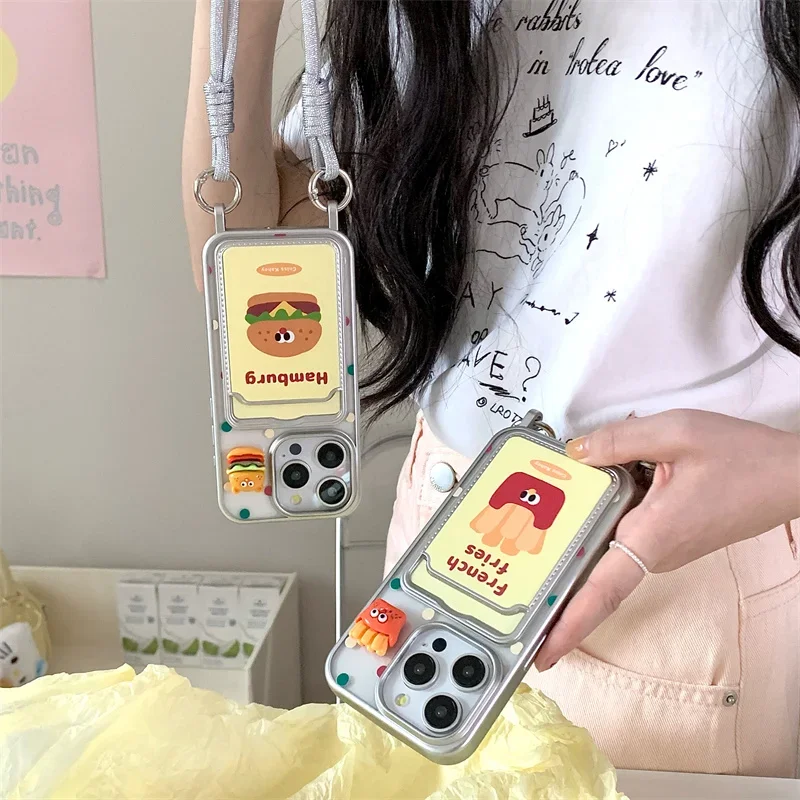 Cute French fries Card Holder Electroplating Phone Case For iPhone 15 Pro 12 14 13 Pro Max 14pro Cover with Hand Strap Cases Fun