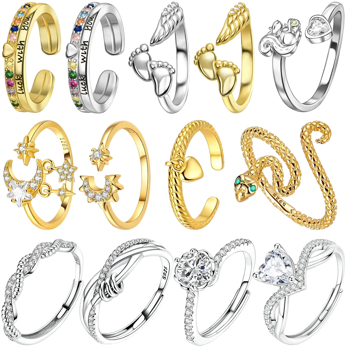 

Оригинальное открытое кольцо из стерлингового серебра 925 пробы со звездой и луной, регулируемое кольцо в форме сердца для женщин, ювелирное изделие на свадьбу, день рождения, подарок