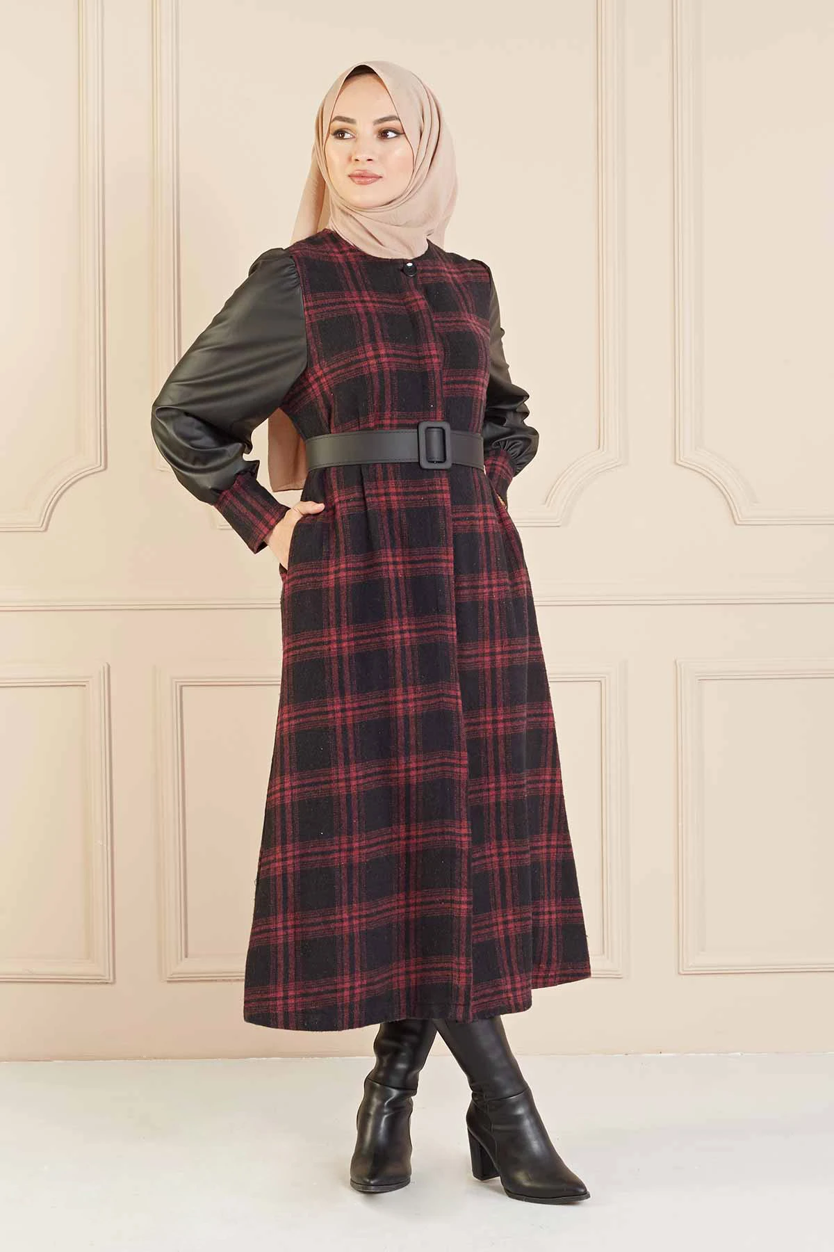 Handles Leather Detailed Plaid Dresses Burgundy Winter Autumn 2021 Muslim Women Hijab headscarf Islamic Turkey