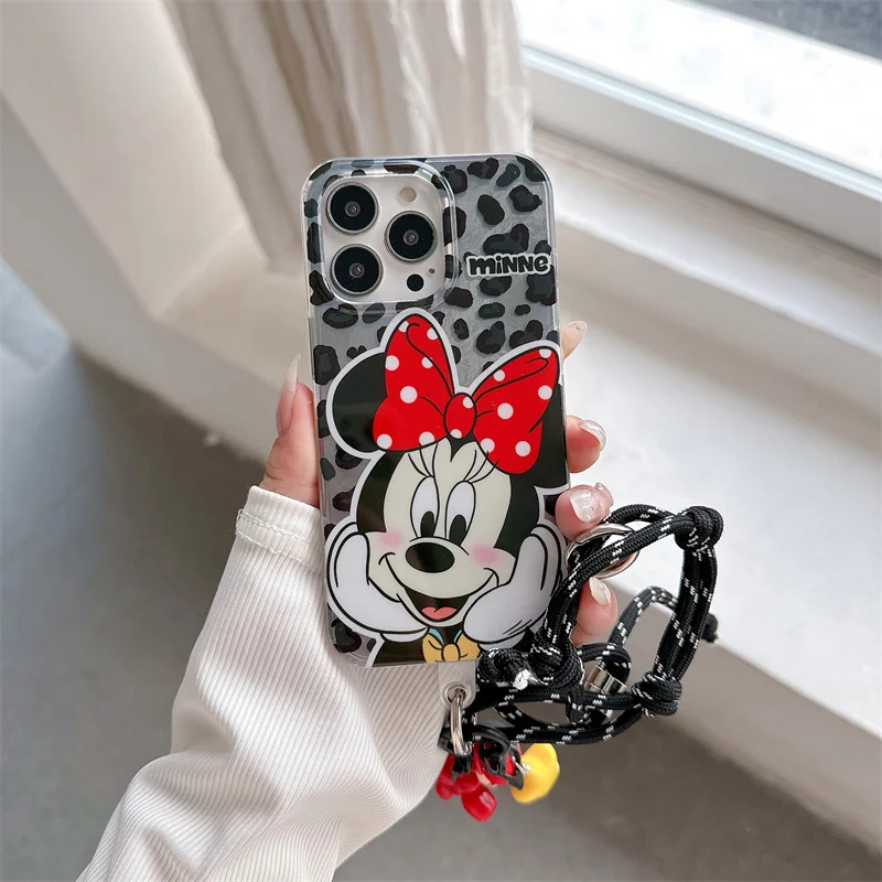 Cartoon Leopard Print Cute Mickey Minnie Phone Case For iPhone 13 14 15 16 Pro Max Funny Couple Disney Doll Lanyard Wrist Strap