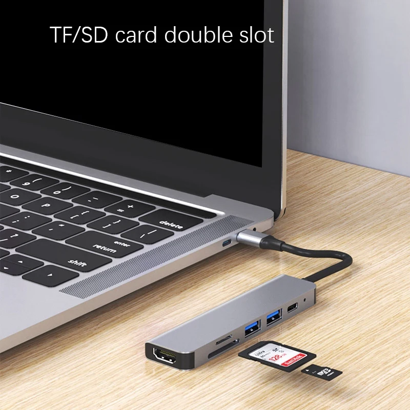 6 In 1 USB Type C Hub Adapter With 4K 30Hz -Compatible Multiport Card Reader USB3.0 TF PD Video Multi Ports Adapter