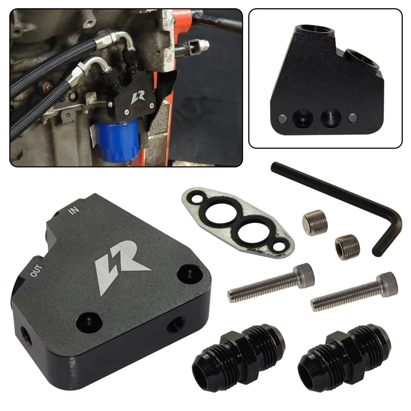Adapter chłodnicy oleju LR FilterI Fit AN10 GM do silników Corvette C5 C6 C7 LS1 LS2 LS3 LS6 Gen IV LSX VE HSV czarny/srebrny — zdjęcie 3