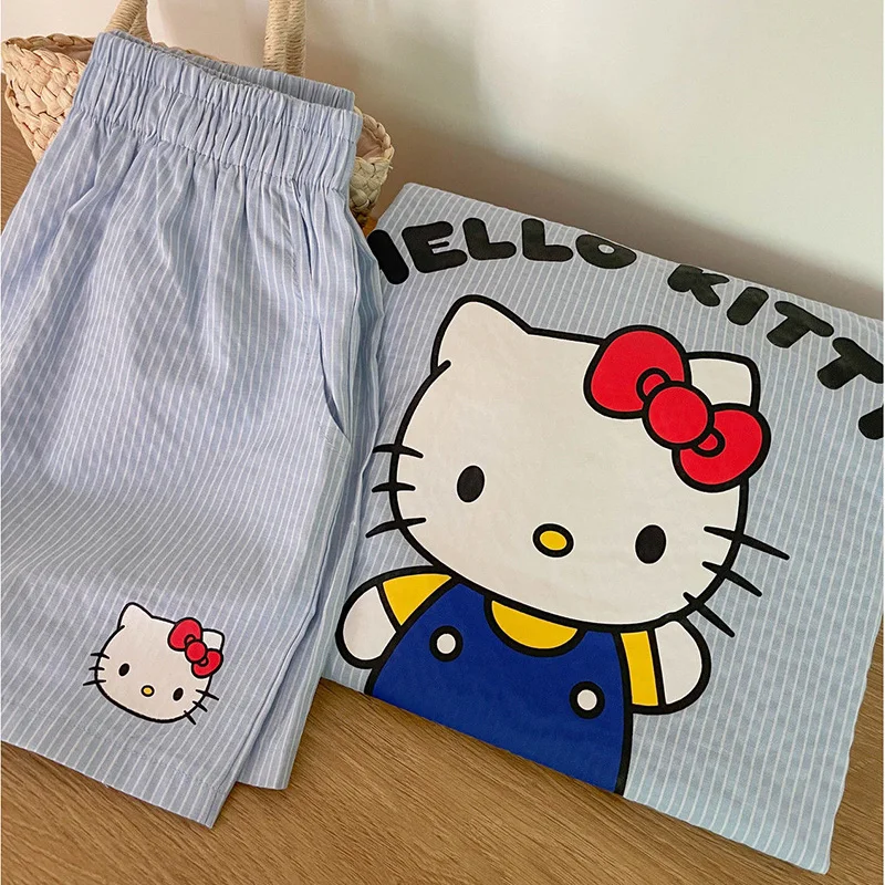 Sanrio Hello Kittys Summer Pajamas Cute Cartoon Printed stripe Loose Retro Casual Home Shorts Beach Kawaii Y2k Anime Suit Gifts