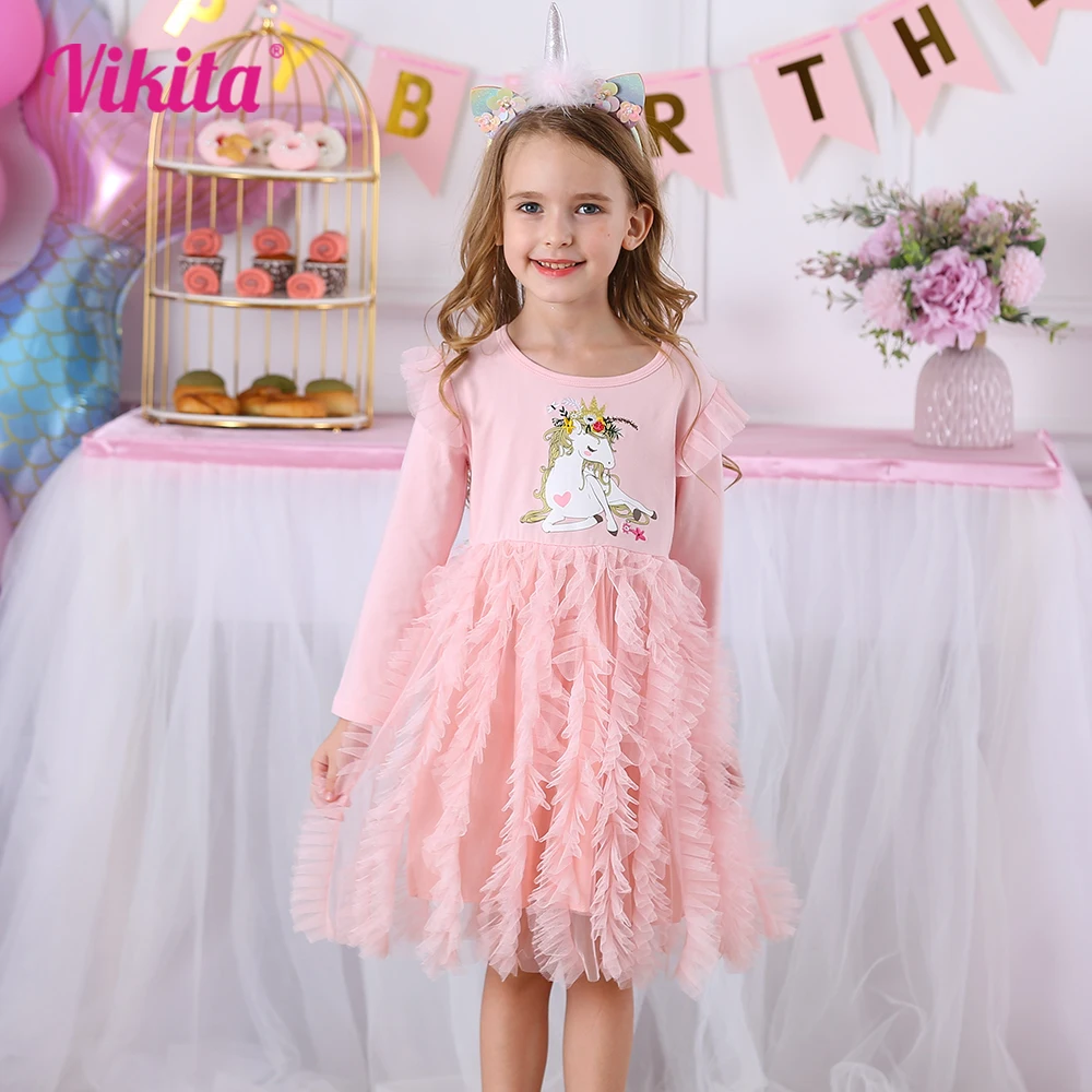 VIKITA Girls Licorne Print Cartoon Dress Kids Spring Autumn Winter Long Sleeve Pink Layered Tulle Mesh Tutu Princess Party Dress