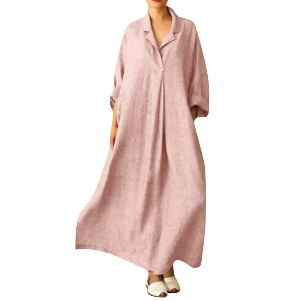 Long Sleeve Casual Vintage Oversized Vestidos De Fiesta Fashion Robe Femme Spring Autumn Solid Cotton Linen Loose Dress Women