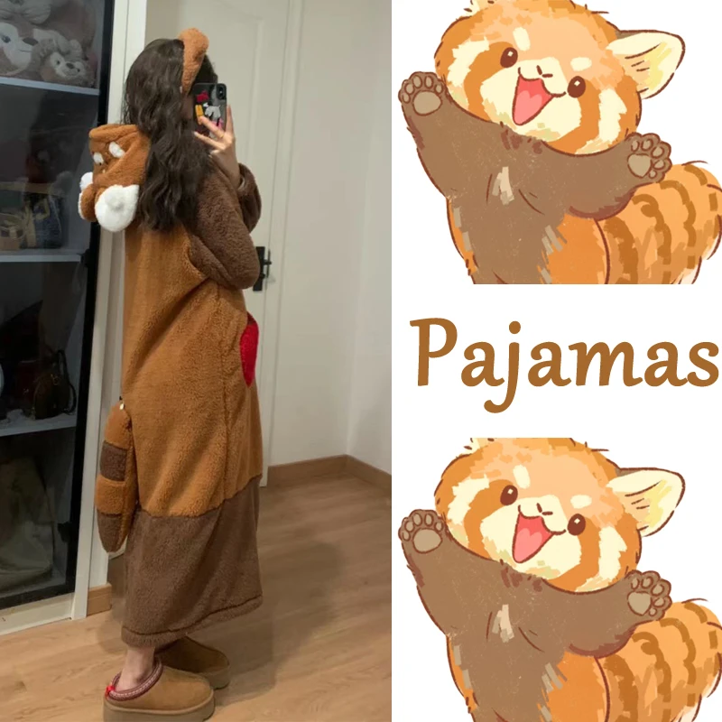 Super schattige wasbeer rode panda hoodie winter gewaad pyjama homewear lounge kleding warme pluizige badjas kerst nachtkleding dames