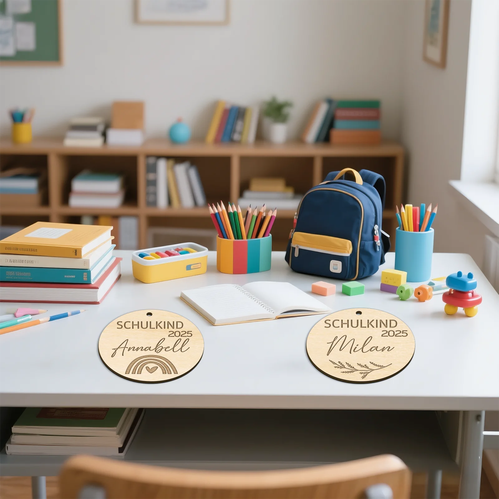 

German School Wooden Tags - 7cm Round Name and Year Tags, 4 Designs Available: Unicorn/Rocket/Plant/Rainbow, Customizable Name