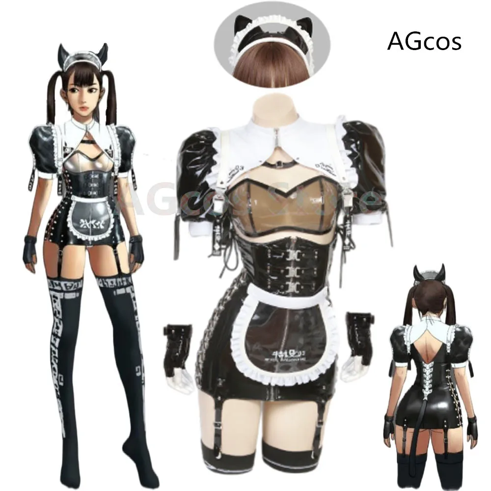 AGCOS 오리지널 디자인 AI 메이드 고양이 여자 친구 가죽 점프슈트, 섹시한 사랑스러운 코스프레 의상