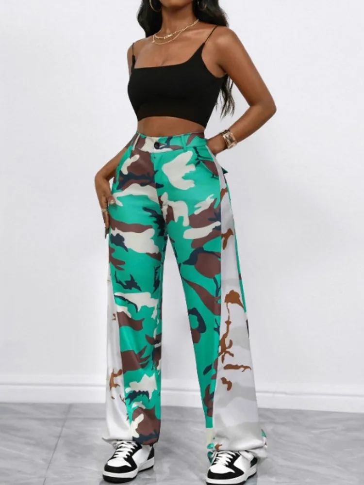 Pantaloni da donna con stampa mimetica lucida Pantaloni a vita alta da lavoro d'ufficio Lady Pantaloni autunnali a figura intera Capris 2026 Primavera Estate