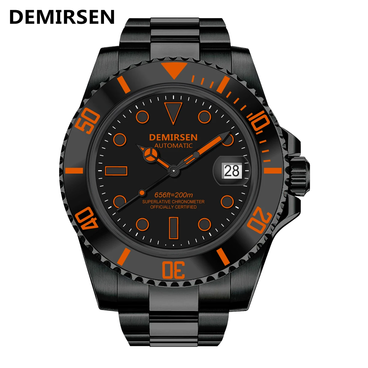 Demirsen Luxury Brand Men Mechanical Wristwatch Stainless Steel Luminous Waterproof Automatic Sapphire Black Business Clock