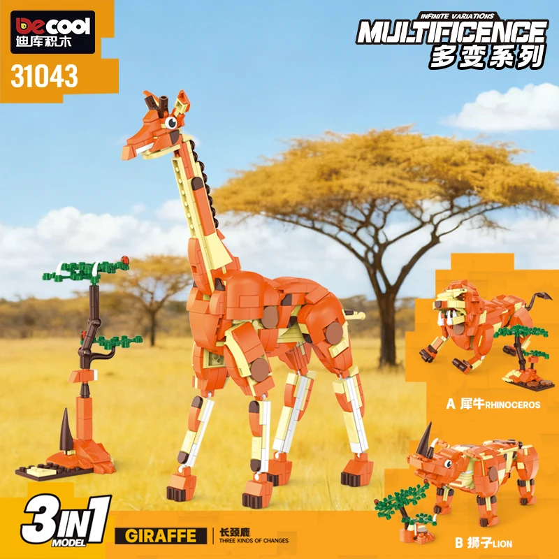 Decool 3in1 Creative Series Horse Fox Kangaroo Building Blocks Wild Safari Animals Giraffe Peacock Bricks Toys For Boys Gifts