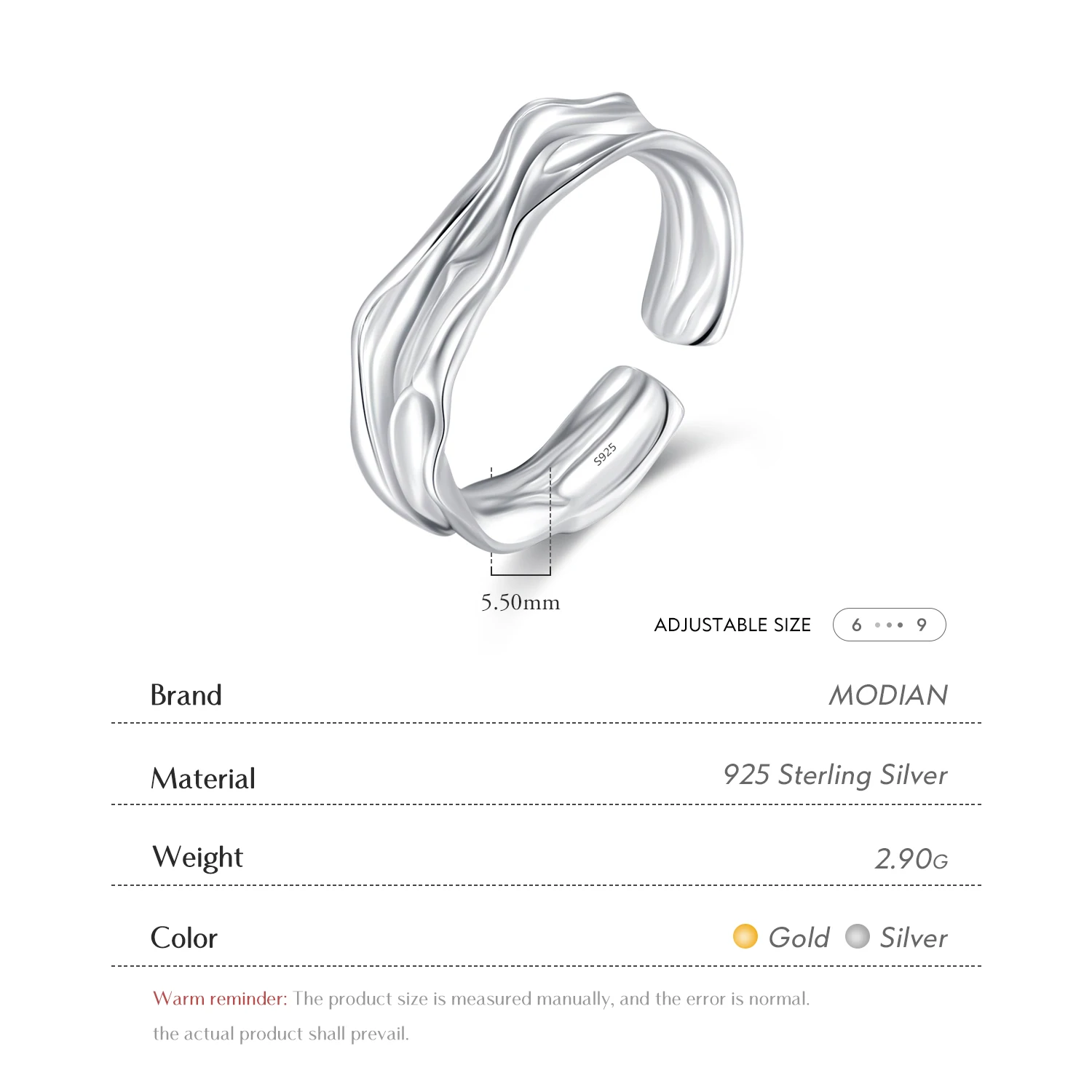 MODIAN 925 Sterling Silver Geometric Lines Texture Open Size 6-9 Finger Rings Trendy Gold Color Stackable Fine Jewelry For Women