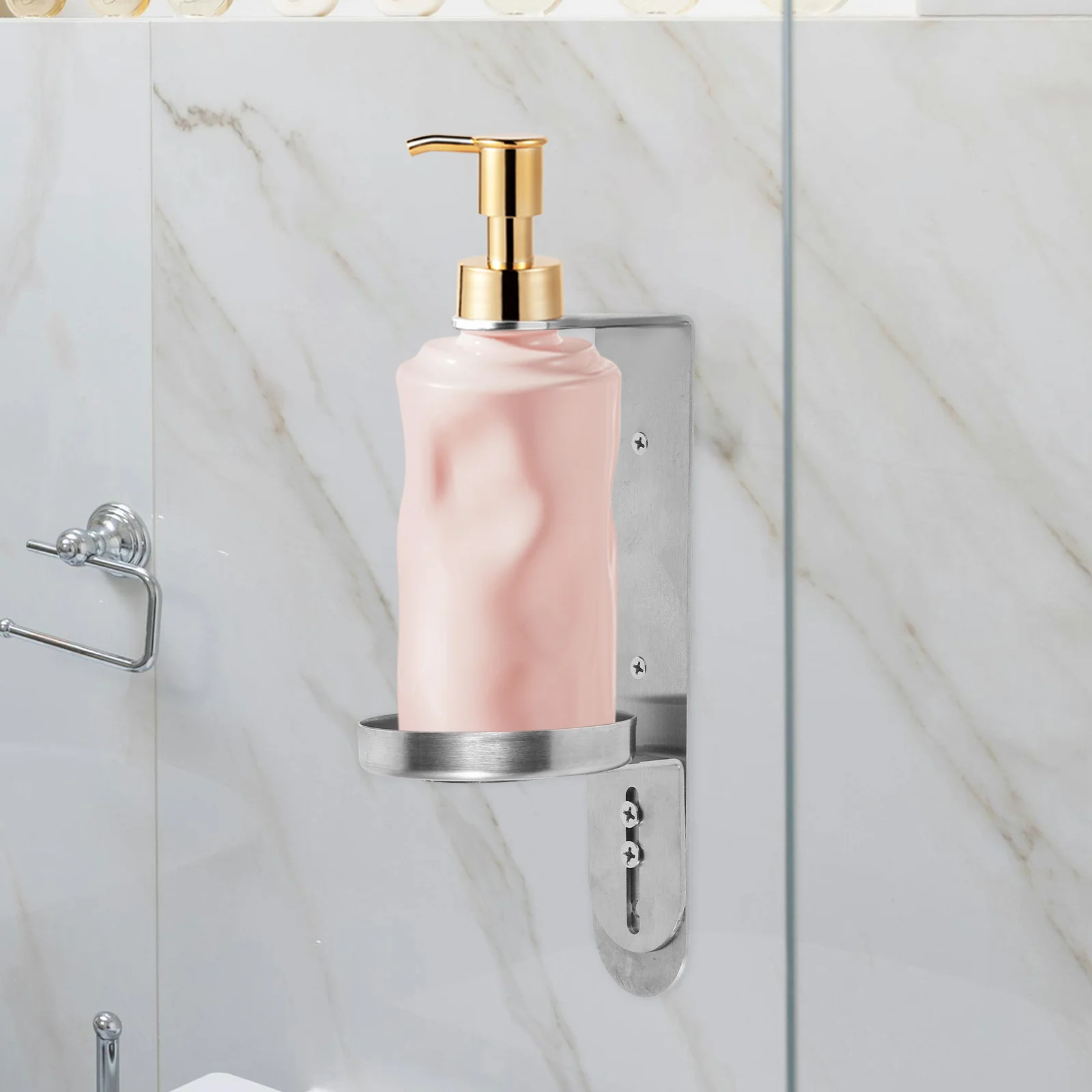 

Soap Dispenser Holder Wall Mounted Shampoo Bottle Bracket Silver Stainless Steel No Drill Bathroom Liquid Organizer Storage