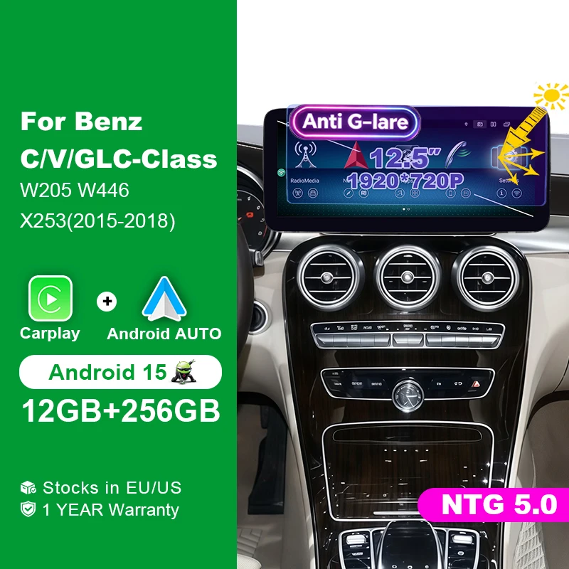 Aycetry 1920*720P Screen Android 15 Auto Car Radio 8 Core Wireless Carplay Stereo For Mercedes Benz C Class W205 GLC Class X253 V Class W446 NTG 5.0 2015-2018 Bluetooth Navigation Autoradio 2 DIN Multimedia Player WIFI 4G GPS