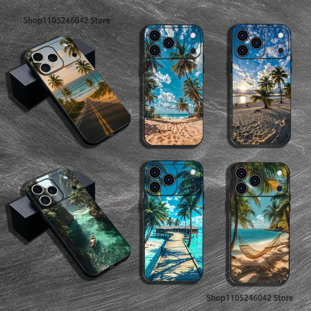 

Sea Tropical Palm Trees Beach Black Soft Cover Phone Case For iPhone 17,16,15,14,13,12,11,Pro,XS,Max,XR,Plus,E,SE4,Mini