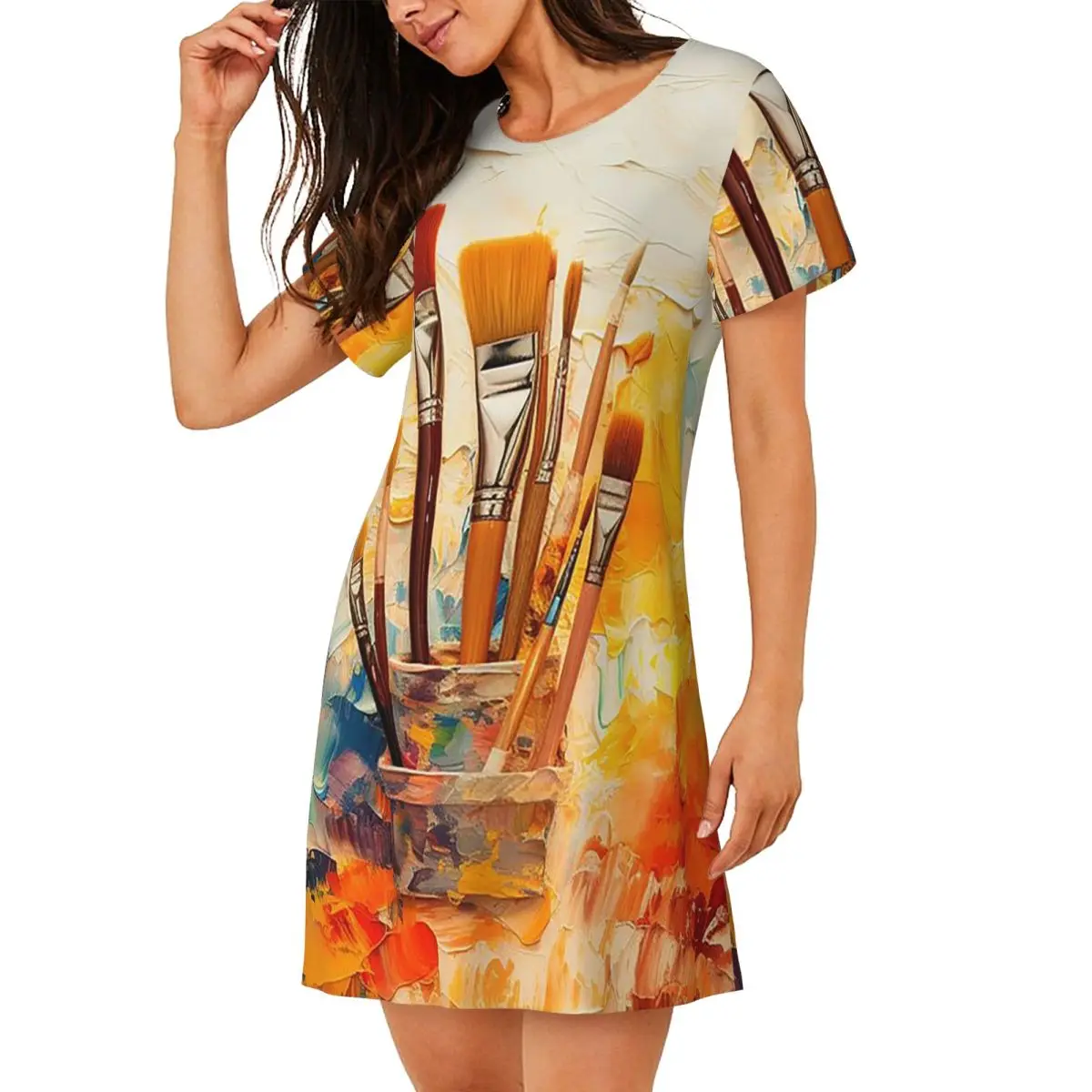 Custom Colour Paint Brush Brushes Print Short Sleeves Nightdress For Sleeping Women Short Sleeve Nightgowns Soft Pajama Dress